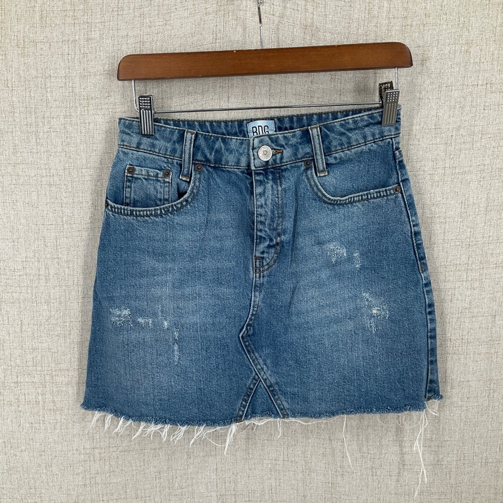 BDG Denim Mini Skirt Womens Sz S Blue Cotton Frayed Raw Hem Distressed Y2K Boho